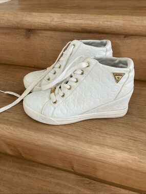 GUESS White Embossed Wedge Sneaker with Gold Accents